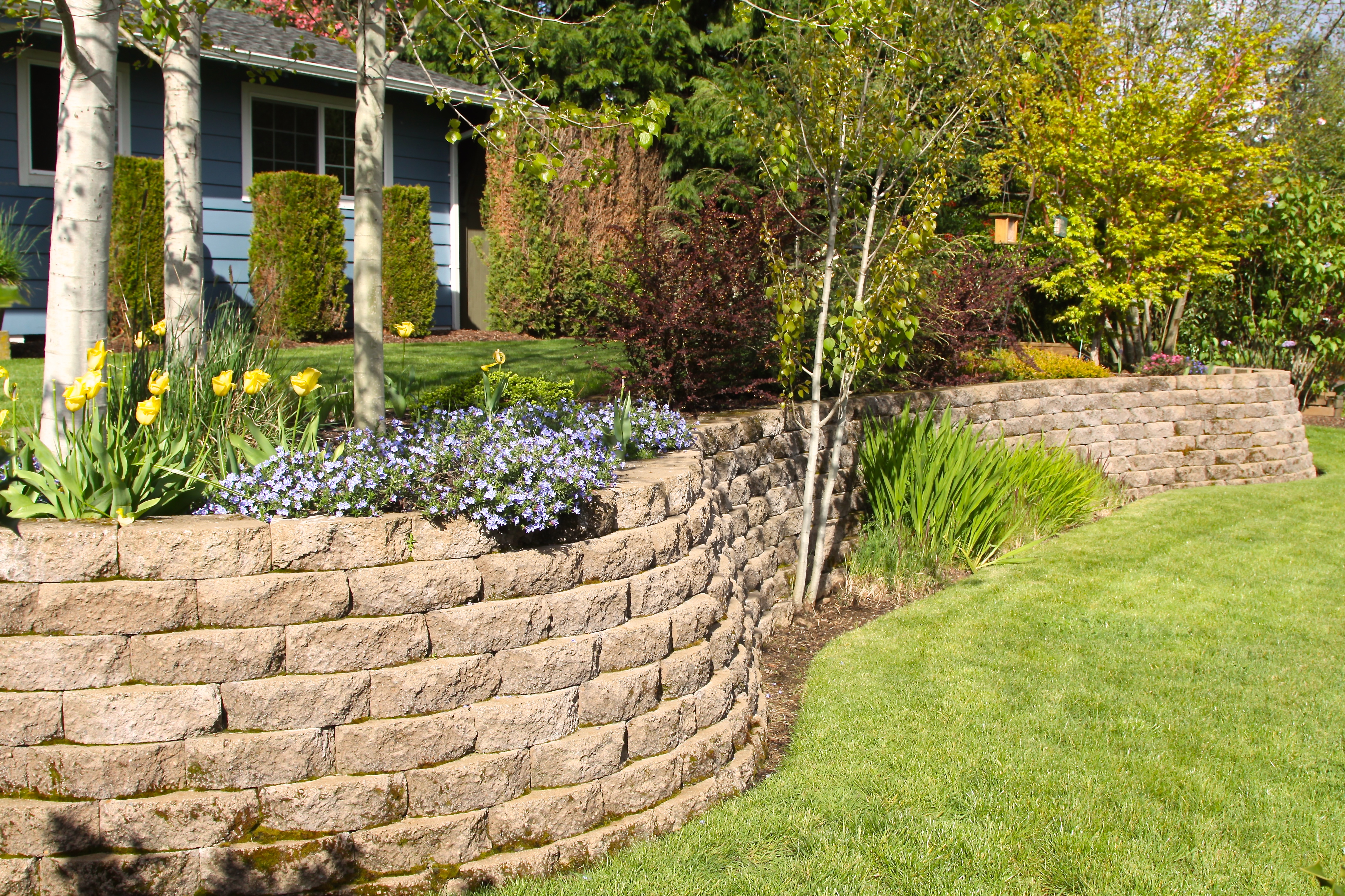 retaining wall and mulched bed